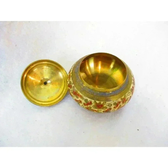 Enameled brass jar with lid, etched painted‎ India Trinket keepsake colorful red - Picture 3 of 7